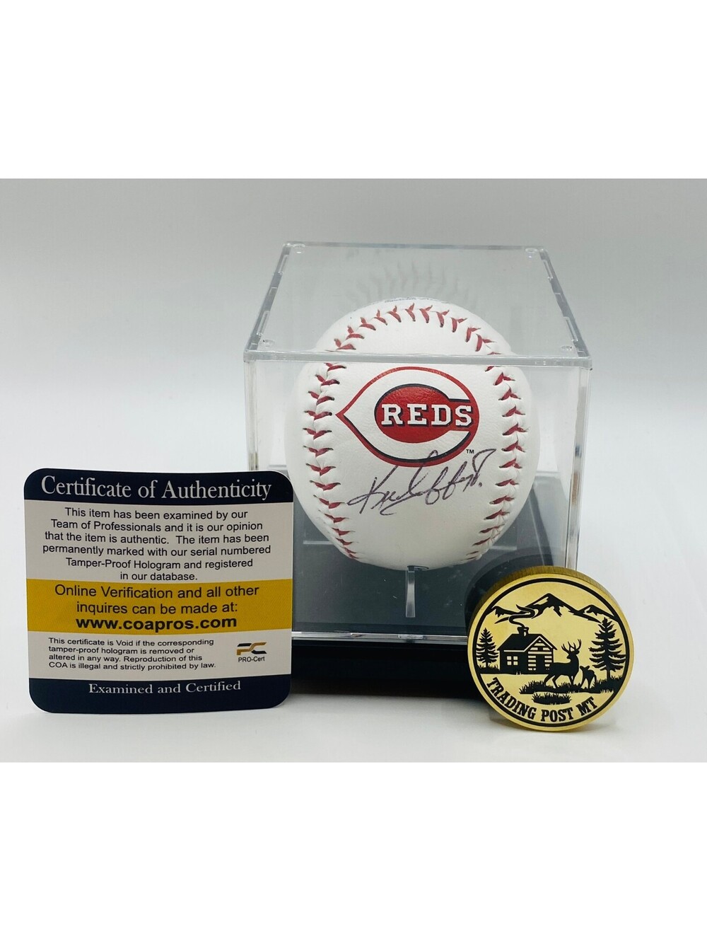 Ken Griffey Jr. Signed Logo Baseball In Case With COA (Reds)